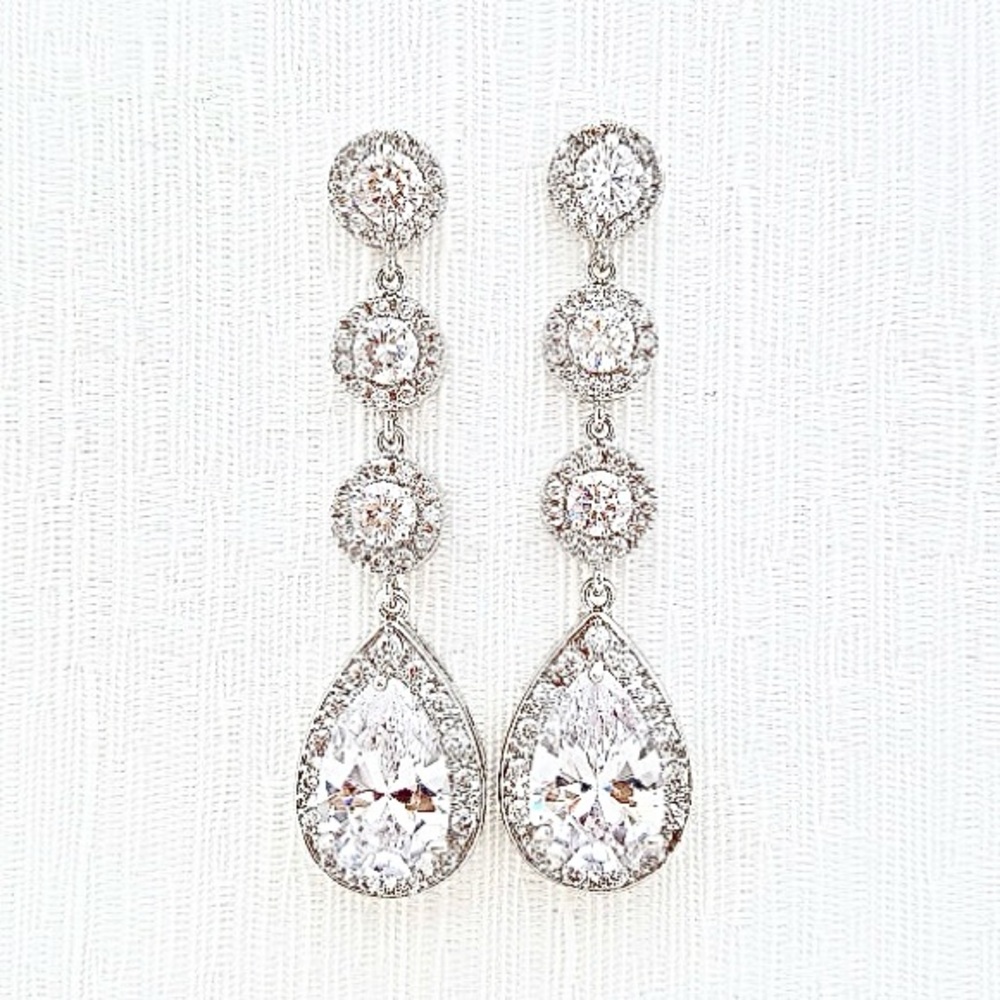 Elegant Silver Drop Earrings White Gold Teardrop Dangle Bridal Jewelry